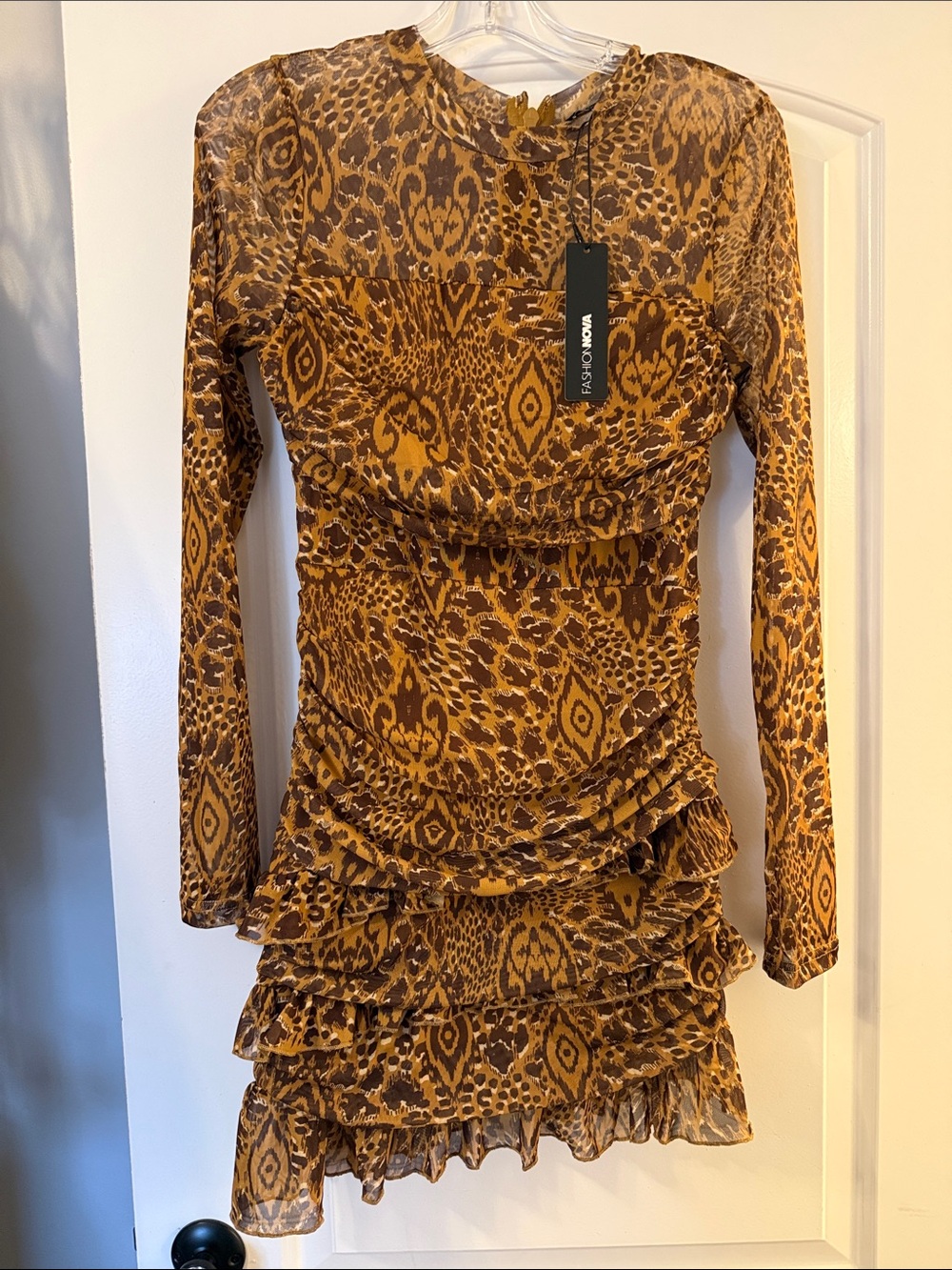 Fashion Nova Brown Printed Long-Sleeve Ruffle Mini Dress